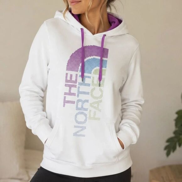 The North Face Tops - The North Face White Fleece Lined Pullover Hoodie Pastel Logo